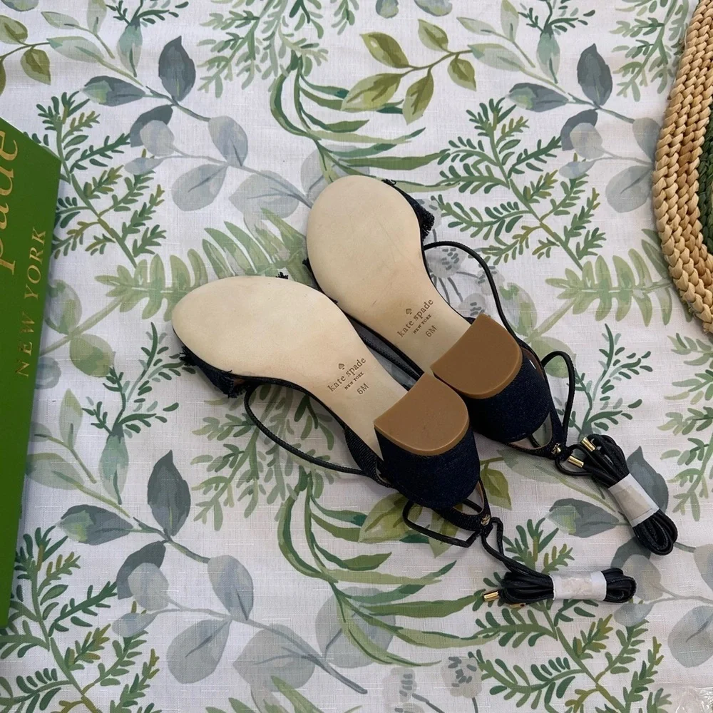 New Kate Spade Embroidered Denim Ankle Tie Block Heels Sandals Women’s Size 6